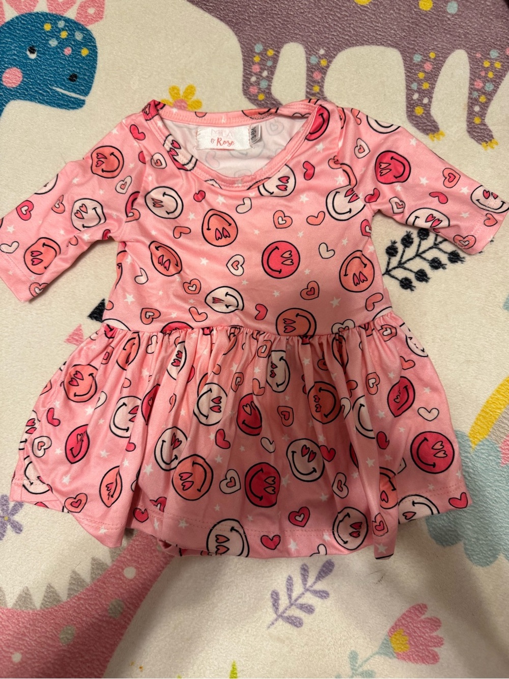 Pink Heart & Smiley Print Girls Dress